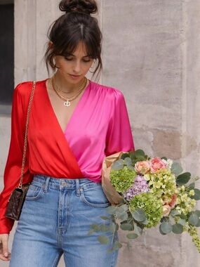 Colorful two tone pink and red satin bodysuit